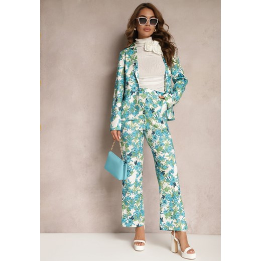 Niebiesko-Białe Spodnie w Kwiatowy Print High Waist z Szeroką Nogawką Lastaria ze sklepu Renee odzież w kategorii Spodnie damskie - zdjęcie 170983295