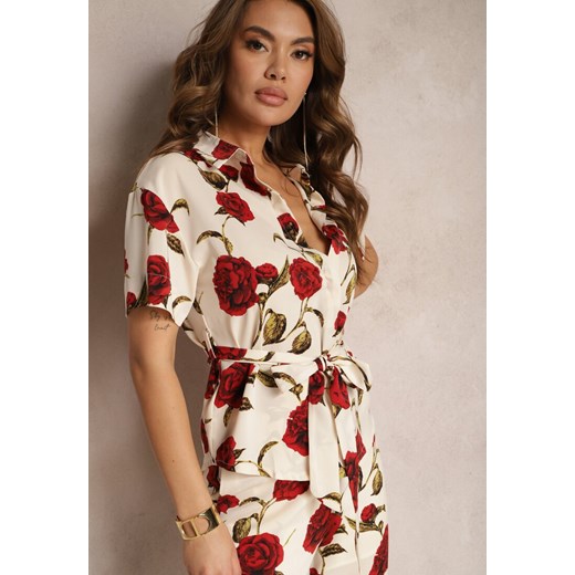 Beżowo-Bordowa Koszula w Kwiatowy Print Wiązana w Talii Uvularia ze sklepu Renee odzież w kategorii Koszule damskie - zdjęcie 170983335