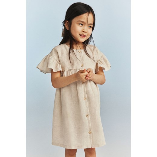 H & M - Lniana sukienka z falbankowym rękawem - Beżowy ze sklepu H&M w kategorii Sukienki dziewczęce - zdjęcie 170993466