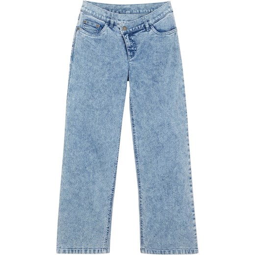 Szerokie dżinsy dziewczęce z ukośnym paskiem ze sklepu bonprix w kategorii Spodnie dziewczęce - zdjęcie 170998976