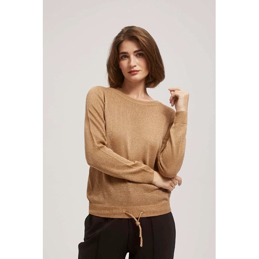 Beżowy damski sweter z wiązaniem i metaliczną nitką ze sklepu 5.10.15 w kategorii Swetry damskie - zdjęcie 171001316