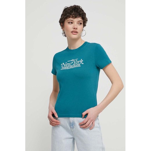 Tommy Jeans t-shirt bawełniany damski kolor turkusowy DW0DW17826 ze sklepu ANSWEAR.com w kategorii Bluzki damskie - zdjęcie 171013315