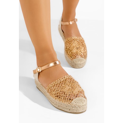 Espadryle damskie Zapatos na płaskiej podeszwie złote casual z tkaniny
