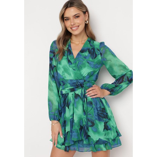 Zielona Sukienka Mini z Kopertowym Dekoltem i Wzorem Tie-Dye Arisel ze sklepu Born2be Odzież w kategorii Sukienki - zdjęcie 171024065