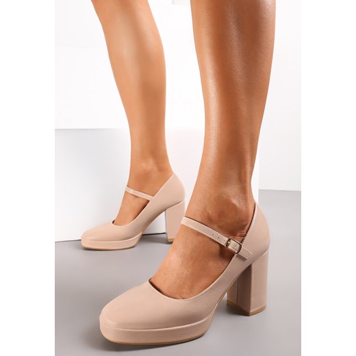 Beżowe Zapinane Czółenka na Słupku i Niskiej Platformie Bevuma Renee 39 okazja renee.pl