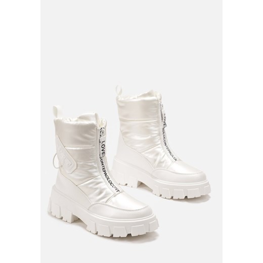 Białe Śniegowce z Ekoskóry z Ozdobnym Suwakiem i Napisem Veneria Renee 37 renee.pl