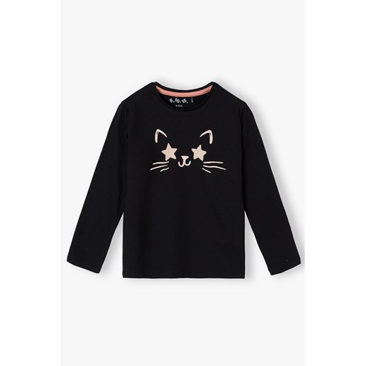 Bawełniana czarna bluzka z kotem dla dziewczynki - długi rękaw ze sklepu 5.10.15 w kategorii Bluzki dziewczęce - zdjęcie 171149616