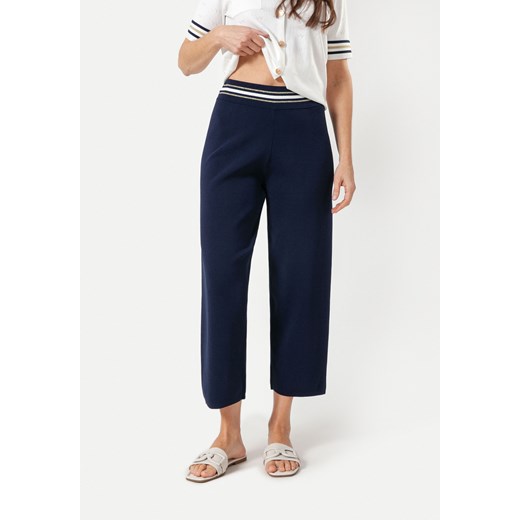Granatowe spodnie z dzianiny z ozdobnym pasem i kieszonkami ze sklepu Molton w kategorii Spodnie damskie - zdjęcie 171150907