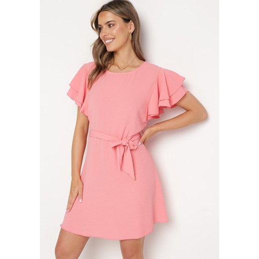 Różowa Sukienka z Rękawami z Falbankami Wiązana w Talii Quentellia ze sklepu Born2be Odzież w kategorii Sukienki - zdjęcie 171166877