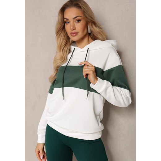 Biało-Zielona Bluza z Bawełny Typu Kangur z Kapturem Hetella ze sklepu Renee odzież w kategorii Bluzy damskie - zdjęcie 171172539