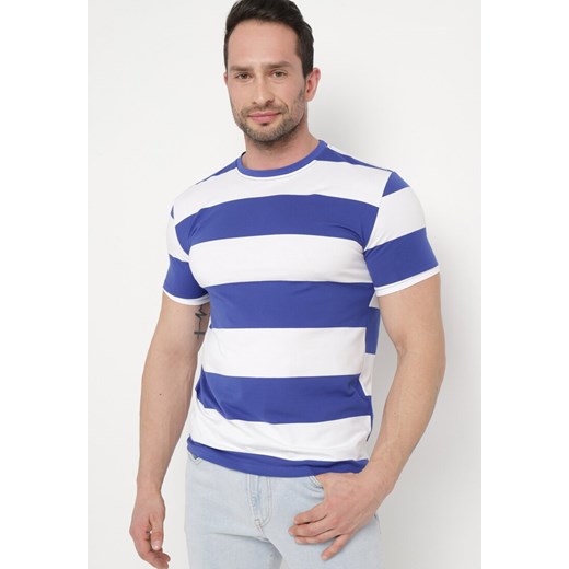 Niebieska Casualowa Koszulka z Krótkim Rękawem z Bawełny w Paski Benneli ze sklepu Born2be Odzież w kategorii T-shirty męskie - zdjęcie 171187165