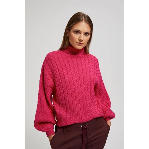 Fuksjowy damski sweter z bufiastymi rękawami i golfem S 5.10.15