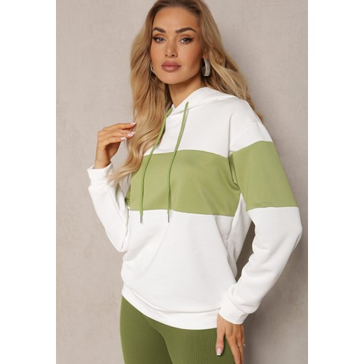 Biało-Zielona  Bluza z Bawełny Typu Kangur z Kapturem Hetella ze sklepu Renee odzież w kategorii Bluzy damskie - zdjęcie 171191737