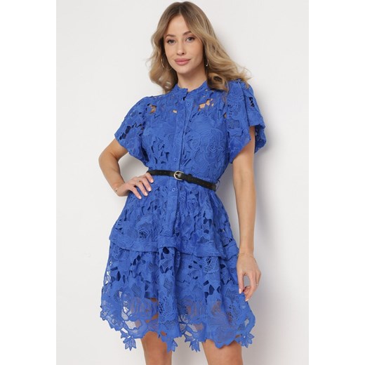 Granatowa Koronkowa Sukienka Koszulowa Mini z Paskiem Nilira ze sklepu Born2be Odzież w kategorii Sukienki - zdjęcie 171200047