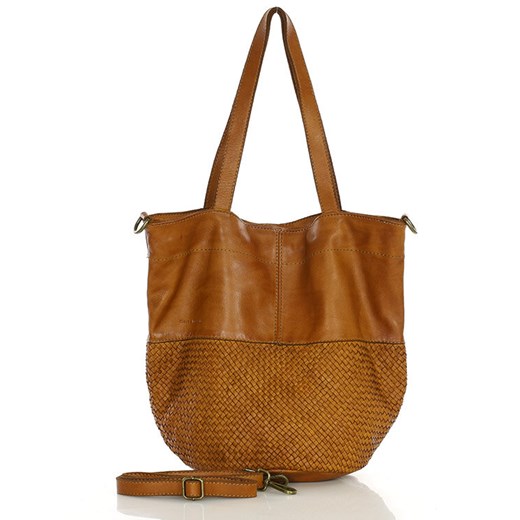 Torba pleciona shopper ze skóry & hobo leather bag - MARCO MAZZINI brąz camel ze sklepu Verostilo w kategorii Torby Shopper bag - zdjęcie 171203979