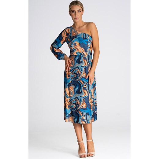 Sukienka damska midi wzorzysta na jedno ramię M962/156, Kolor niebieski-wzór, Rozmiar L, Figl ze sklepu Primodo w kategorii Sukienki - zdjęcie 171209068