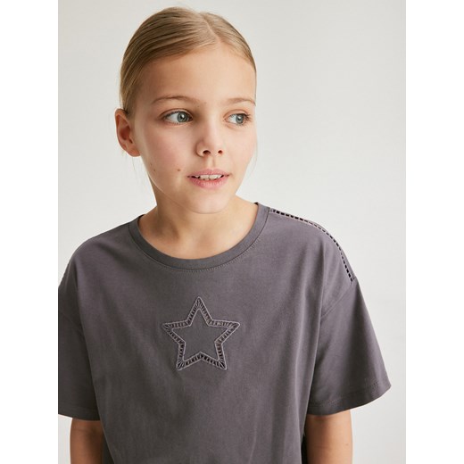 Reserved - Bawełniany t-shirt z przeszyciami - ciemnoszary ze sklepu Reserved w kategorii Bluzki dziewczęce - zdjęcie 171217128