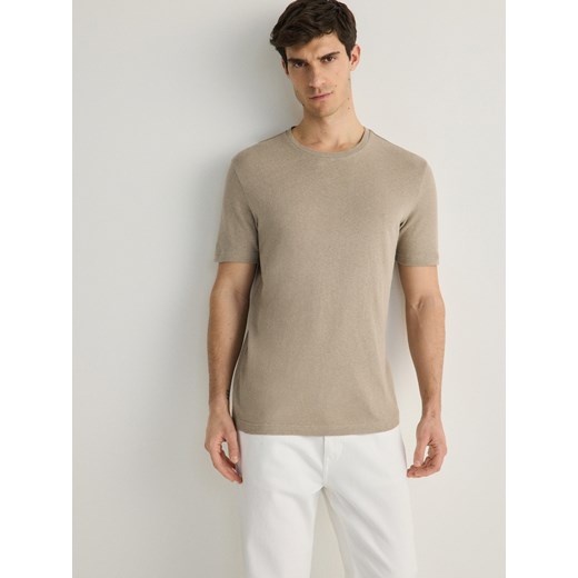 Reserved - T-shirt regular fit z lnem - oliwkowy ze sklepu Reserved w kategorii T-shirty męskie - zdjęcie 171219308