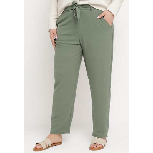 Zielone Spodnie Regular Wiązane w Pasie w stylu Paperbag Tamburia ze sklepu Born2be Odzież w kategorii Spodnie damskie - zdjęcie 171229468