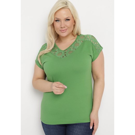 Zielony T-shirt z Krótkim Rękawem i Ozdobną Koronką Winneli ze sklepu Born2be Odzież w kategorii Bluzki damskie - zdjęcie 171229808