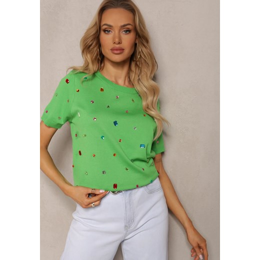 Zielony T-shirt z Wiskozy z Cyrkoniami Olililena ze sklepu Renee odzież w kategorii Bluzki damskie - zdjęcie 171232727