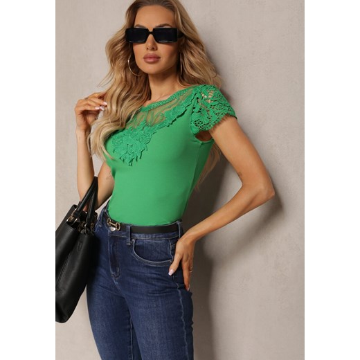 Zielony T-shirt Ozdobiony Koronkowymi Wstawkami Brines ze sklepu Renee odzież w kategorii Bluzki damskie - zdjęcie 171233075