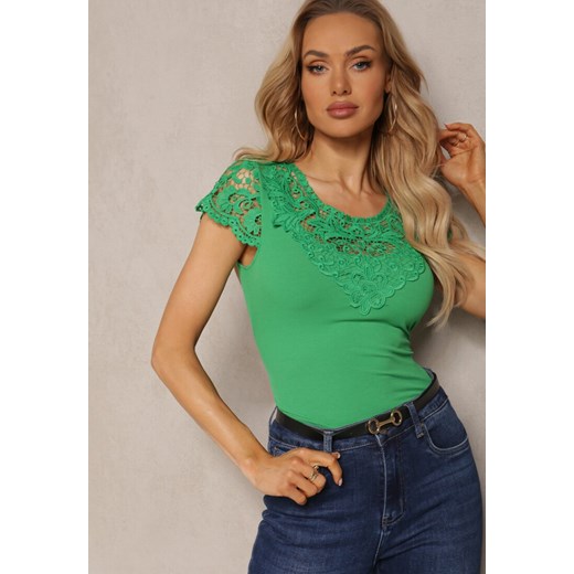 Zielony T-shirt z Prążkowanego Materiału z Koronkowymi Rękawami i Dekoltem Hlilada ze sklepu Renee odzież w kategorii Bluzki damskie - zdjęcie 171233115