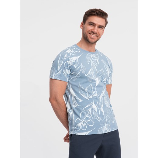 Męski t-shirt fullprint w kontrastowe liście - błękitny V2 OM-TSFP-0180 ze sklepu ombre w kategorii T-shirty męskie - zdjęcie 171261116