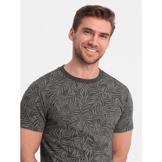 T-shirt męski fulllprint w liście palmy - grafitowy V4 OM-TSFP-0182 ze sklepu ombre w kategorii T-shirty męskie - zdjęcie 171261229