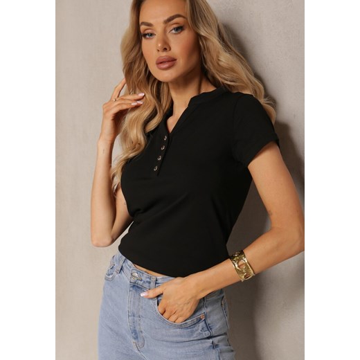 Czarny Bawełniany T-shirt z Guzikami przy Dekolcie  Wialina ze sklepu Renee odzież w kategorii Bluzki damskie - zdjęcie 171267028