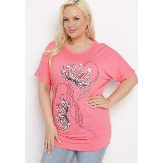 Różowy T-shirt z Ozdobnym Nadrukiem i Cyrkoniami Colilena ze sklepu Born2be Odzież w kategorii Bluzki damskie - zdjęcie 171267715