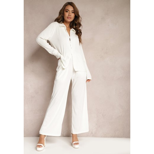 Biały Komplet Casualowy Szerokie Spodnie z Gumką w Pasie i Koszula Sansia ze sklepu Renee odzież w kategorii Komplety i garnitury damskie - zdjęcie 171271539