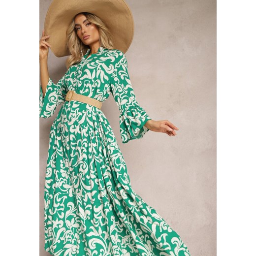 Zielona Rozkloszowana Sukienka z Wiskozy w Ornamentalny Wzór Irlilena ze sklepu Renee odzież w kategorii Sukienki - zdjęcie 171272108