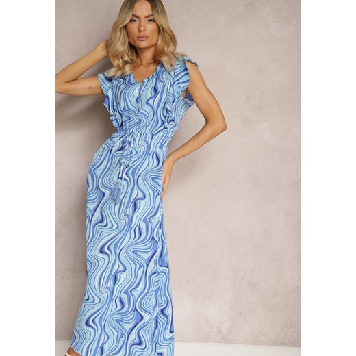Niebieska Rozkloszowana Sukienka z Guzikami i Gumką w Talii Mottella ze sklepu Renee odzież w kategorii Sukienki - zdjęcie 171272387