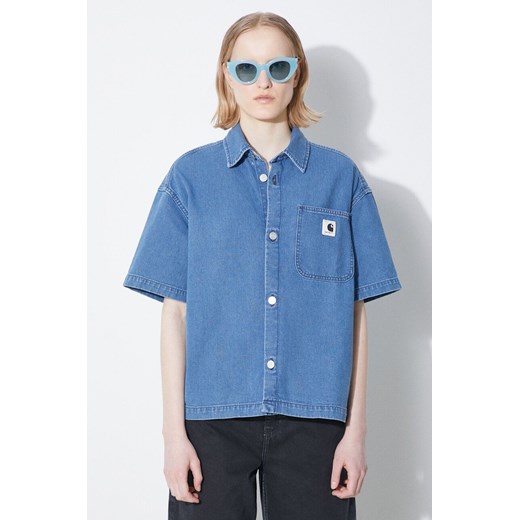 Carhartt WIP koszula jeansowa Lovilia damska kolor niebieski relaxed z kołnierzykiem klasycznym I031935.160 ze sklepu PRM w kategorii Koszule damskie - zdjęcie 171298577