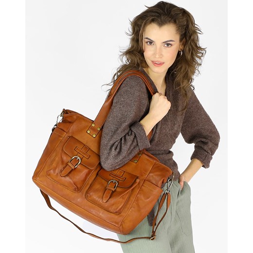 Torba skórzana shopper XL na ramię z dwoma kieszeniami MARCO MAZZINI brąz camel ze sklepu Verostilo w kategorii Torby Shopper bag - zdjęcie 171312567