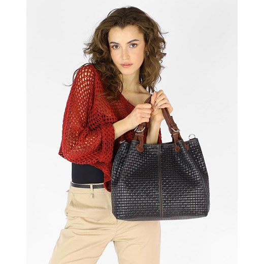 Modna torebka damska skórzany koszyk MARCO MAZZINI - Carina Treccia czarna ze sklepu Verostilo w kategorii Torby Shopper bag - zdjęcie 171313645