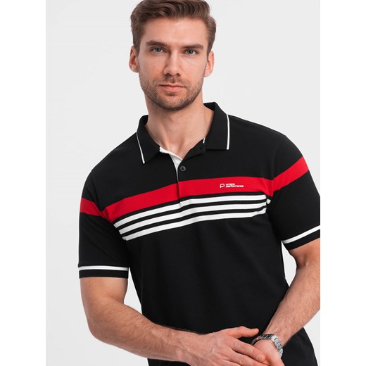 Dopasowana męska koszulka polo z dwukolorowymi pasami – czarna V2 OM-POSS-0127 ze sklepu ombre w kategorii T-shirty męskie - zdjęcie 171315416