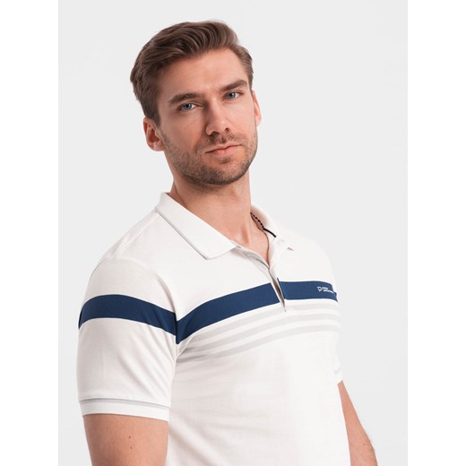 Koszulka męska polo z trójkolorowymi pasami - biała V4 OM-POSS-0127 ze sklepu ombre w kategorii T-shirty męskie - zdjęcie 171315426