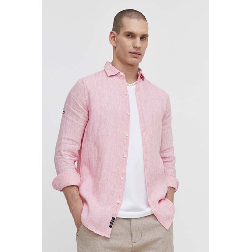 Superdry koszula lniana kolor różowy regular z kołnierzykiem klasycznym ze sklepu ANSWEAR.com w kategorii Koszule męskie - zdjęcie 171323478