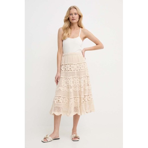 Twinset spódnica bawełniana kolor beżowy midi rozkloszowana ze sklepu ANSWEAR.com w kategorii Spódnice - zdjęcie 171323835