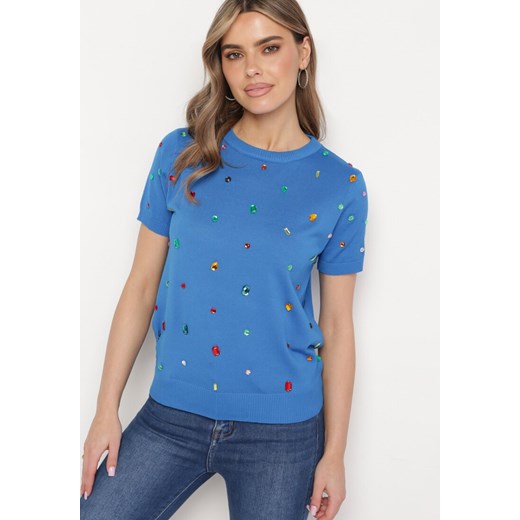 Niebieski Wiskozowy T-shirt Ozdobiony Cyrkoniami Nililena ze sklepu Born2be Odzież w kategorii Bluzki damskie - zdjęcie 171326626