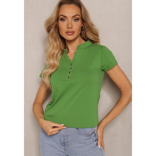 Zielony Bawełniany T-shirt z Guzikami przy Dekolcie  Wialina ze sklepu Renee odzież w kategorii Bluzki damskie - zdjęcie 171327759