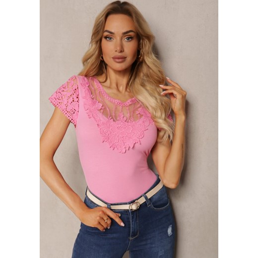 Różowy T-shirt Ozdobiony Koronkowymi Wstawkami Brines ze sklepu Renee odzież w kategorii Bluzki damskie - zdjęcie 171327909