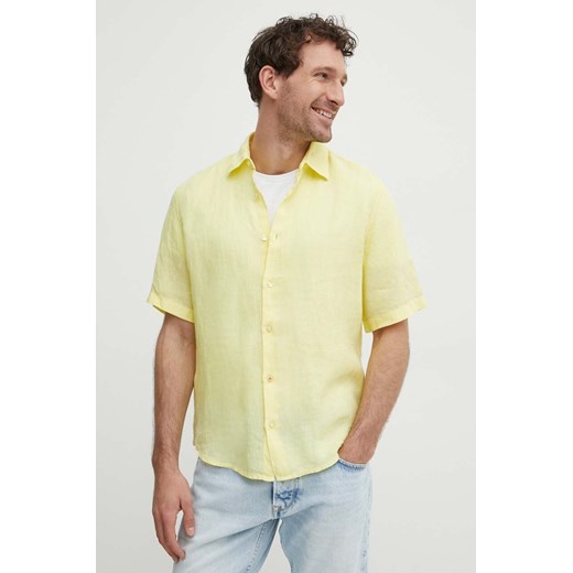 BOSS koszula lniana BOSS ORANGE kolor żółty regular z kołnierzykiem klasycznym 50489345 ze sklepu ANSWEAR.com w kategorii Koszule męskie - zdjęcie 171330398