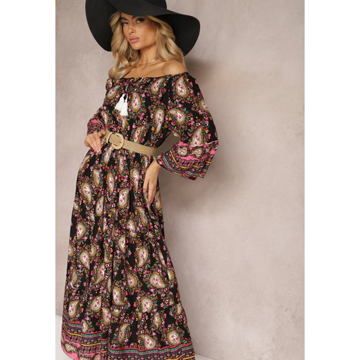 Czarna Sukienka Hiszpanka na Lato z Bawełny z Wzorem Paisley i Gumką w Talii Larietta ze sklepu Renee odzież w kategorii Sukienki - zdjęcie 171349989