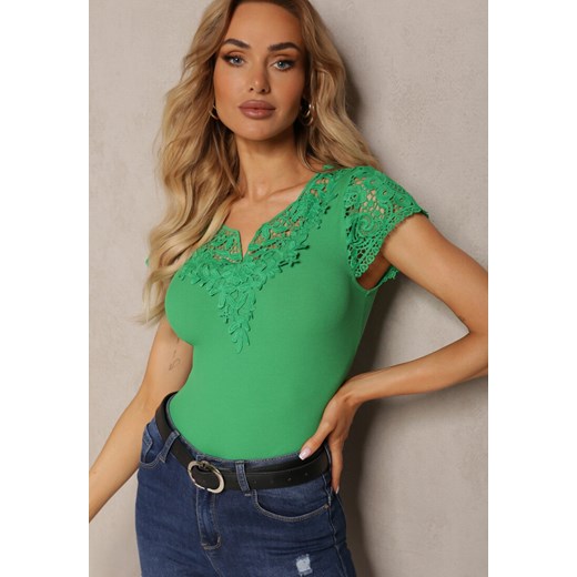 Zielony Prążkowany T-shirt z Koronkowymi Wstawkami Marinest ze sklepu Renee odzież w kategorii Bluzki damskie - zdjęcie 171357415