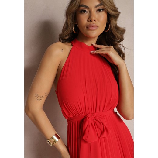 Czerwona Sukienka Maxi bez Rękawów z Gumką w Talii z Plisowanej Tkaniny Pesstia Renee ONE SIZE okazja Renee odzież