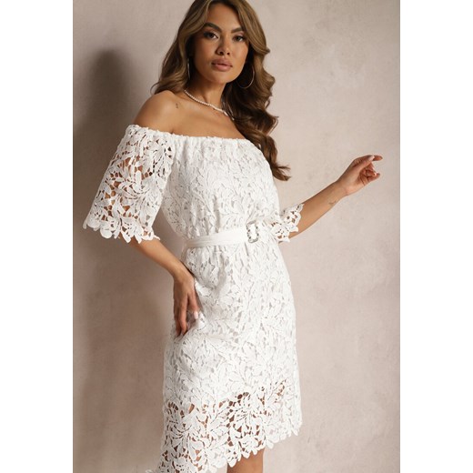 Biała Sukienka o Klasycznym Fasonie z Koronką i Paskiem Ineslina ze sklepu Renee odzież w kategorii Sukienki - zdjęcie 171357775