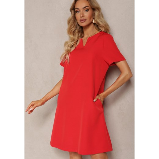 Czerwona Trapezowa Sukienka Mini z Krótkim Rękawem i Kieszeniami Vrea ze sklepu Renee odzież w kategorii Sukienki - zdjęcie 171357815